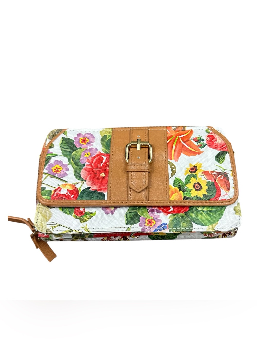 Bueno Floral Print Zip Around Checkbook Wallet Organizer Clutch White Brown